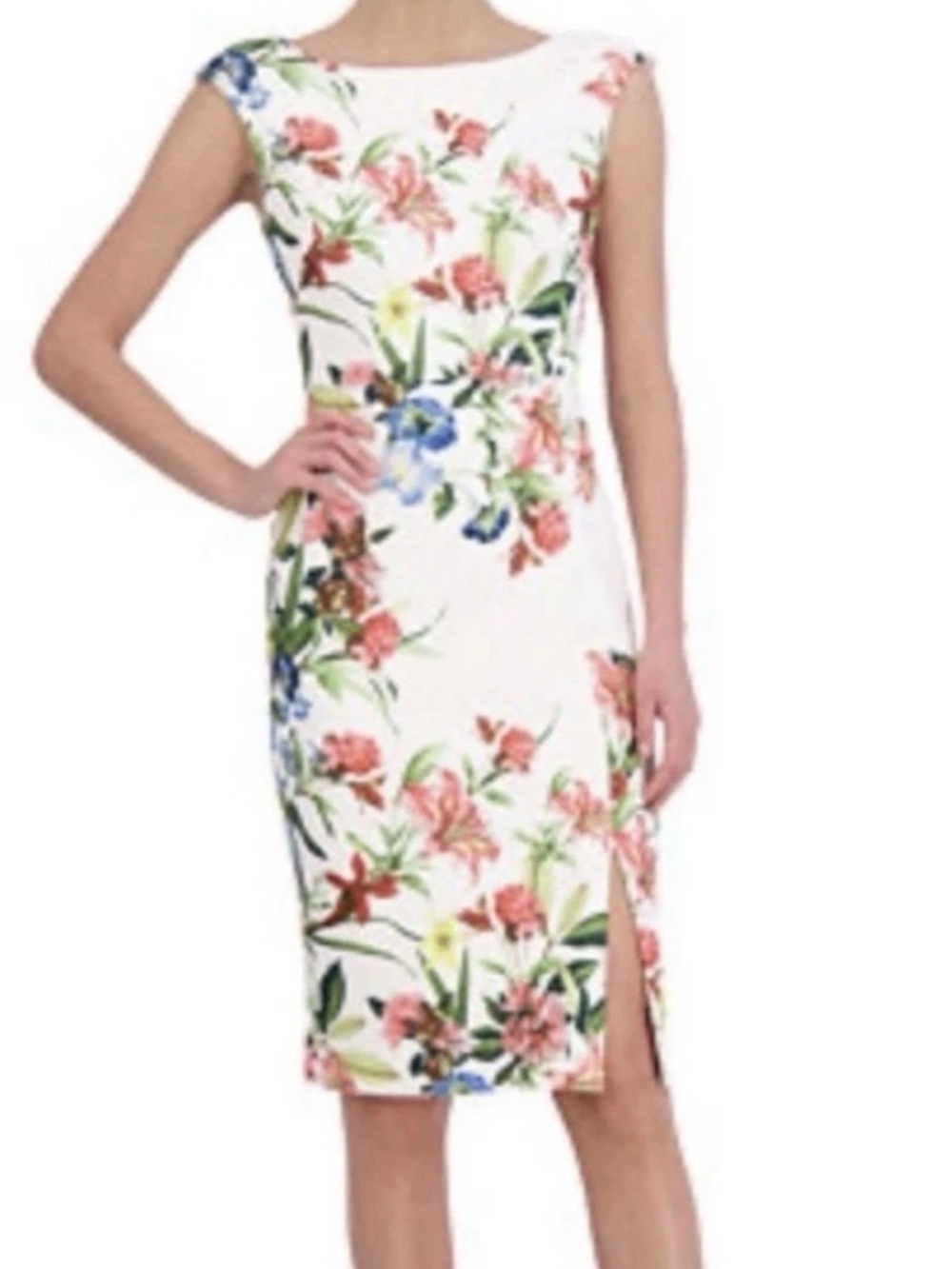 Eliza J White Floral Sheath Midi Dress with Pink, Blue & Green Print